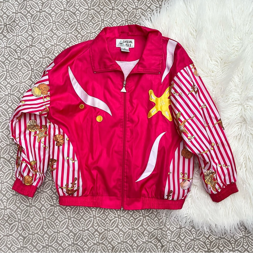 Vintage 80s 90s Casual Isle Red & White Ocean Starfish Seashell Fish Jacket L